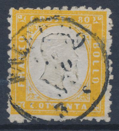 1862 – Regno D’italia – 80 Cent. Giallo Arancio (sass. 4) con Annullo di Palermo.