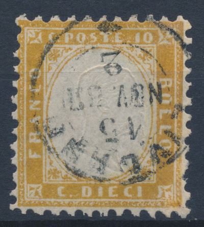 1862 – Regno D’italia – 10 Cent. Bistro Giallastro Usato (sass. 1).