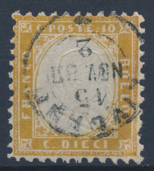 1862 – Regno d’Italia – 10 cent. bistro giallastro usato (Sass. 1).