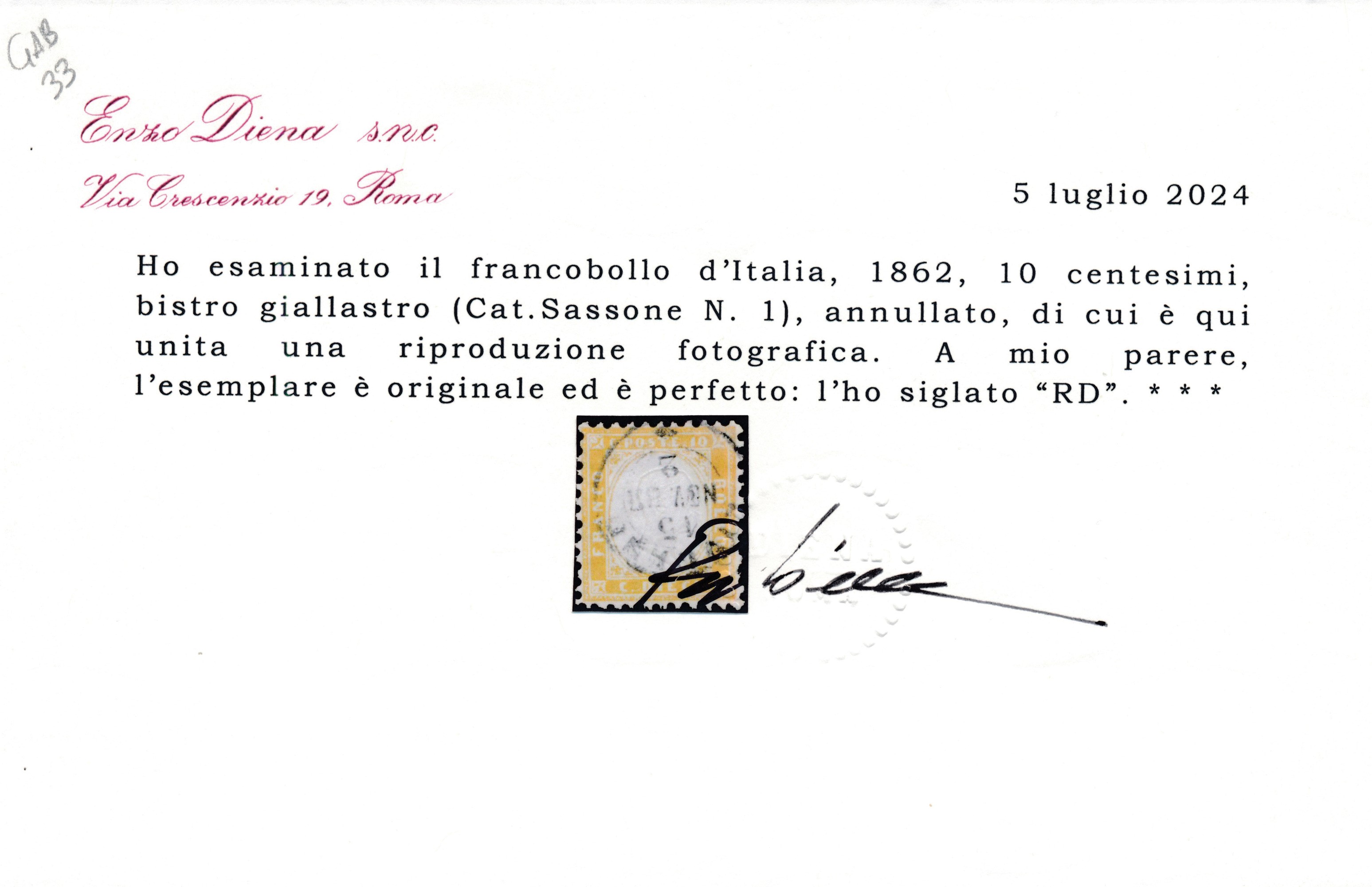 1862 – Regno D’italia – 10 Cent. Bistro Giallastro Usato (sass. 1).