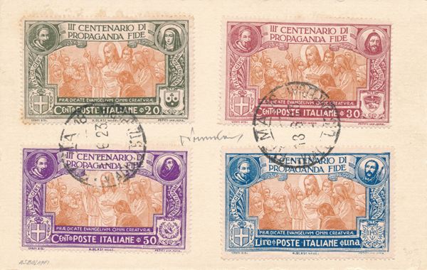 1923 – Regno d’Italia – “3° centenario della Congregazione di Propaganda fide” – Cartoncino con applicati i quattro valori della serie ed annullati (Sass. S.24).