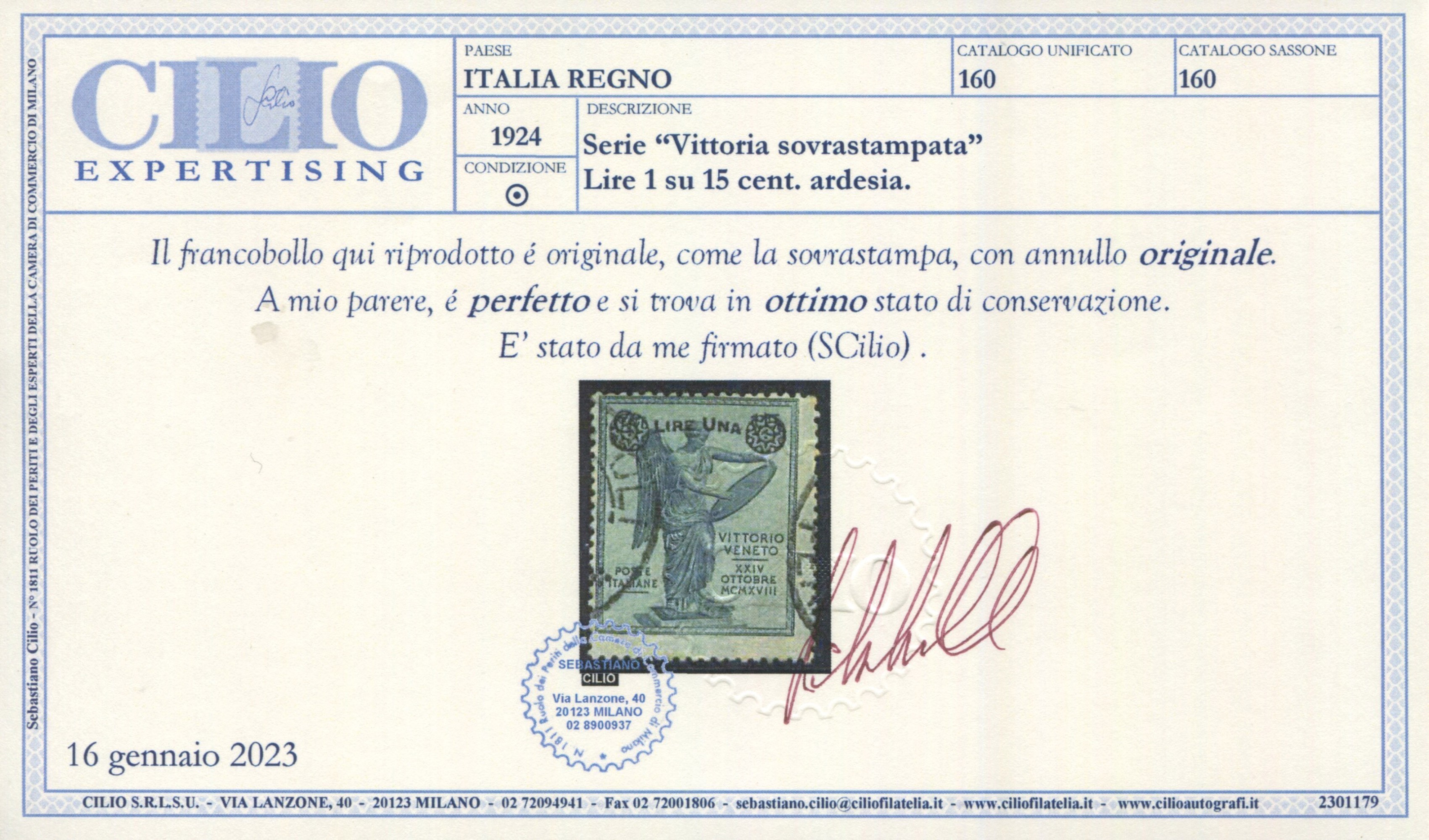 1924 – Regno D’italia – Vittoria Soprastampata – 1 Lire su 15 Cent. Ardesia Usato (sass. 160).