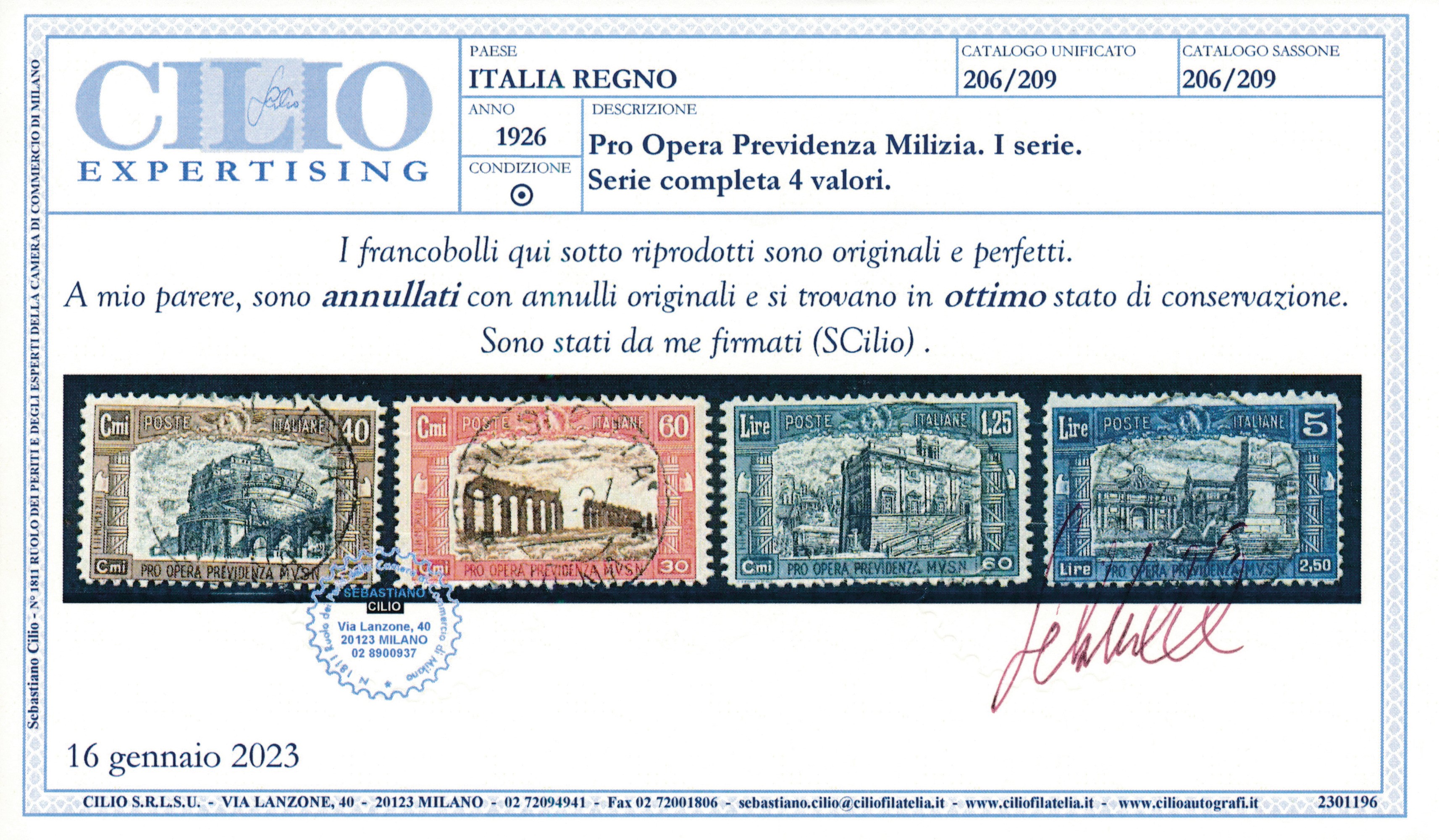 1926 – Regno D’italia – Milizia i Serie Completa Usata (sass. S.43).