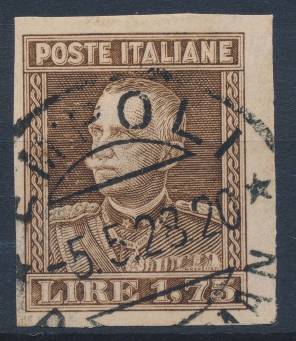 1927 – Regno d’Italia – Effige di Vittorio Emanuele III – 1,75 lire bruno non dentellato (Sass. 214c).