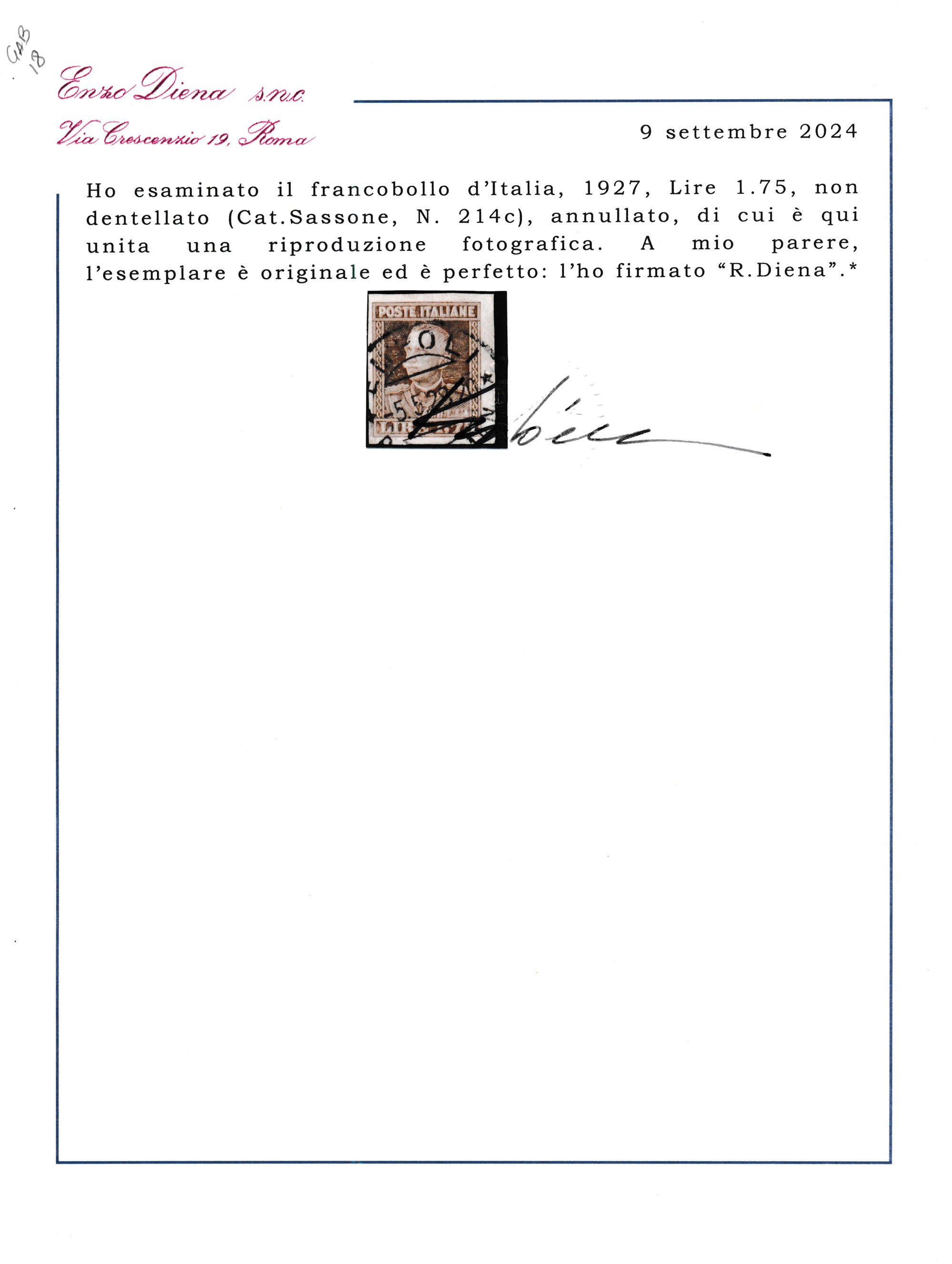 1927 – Regno D’italia – Effige di Vittorio Emanuele III – 1,75 Lire Bruno Non Dentellato (sass. 2...