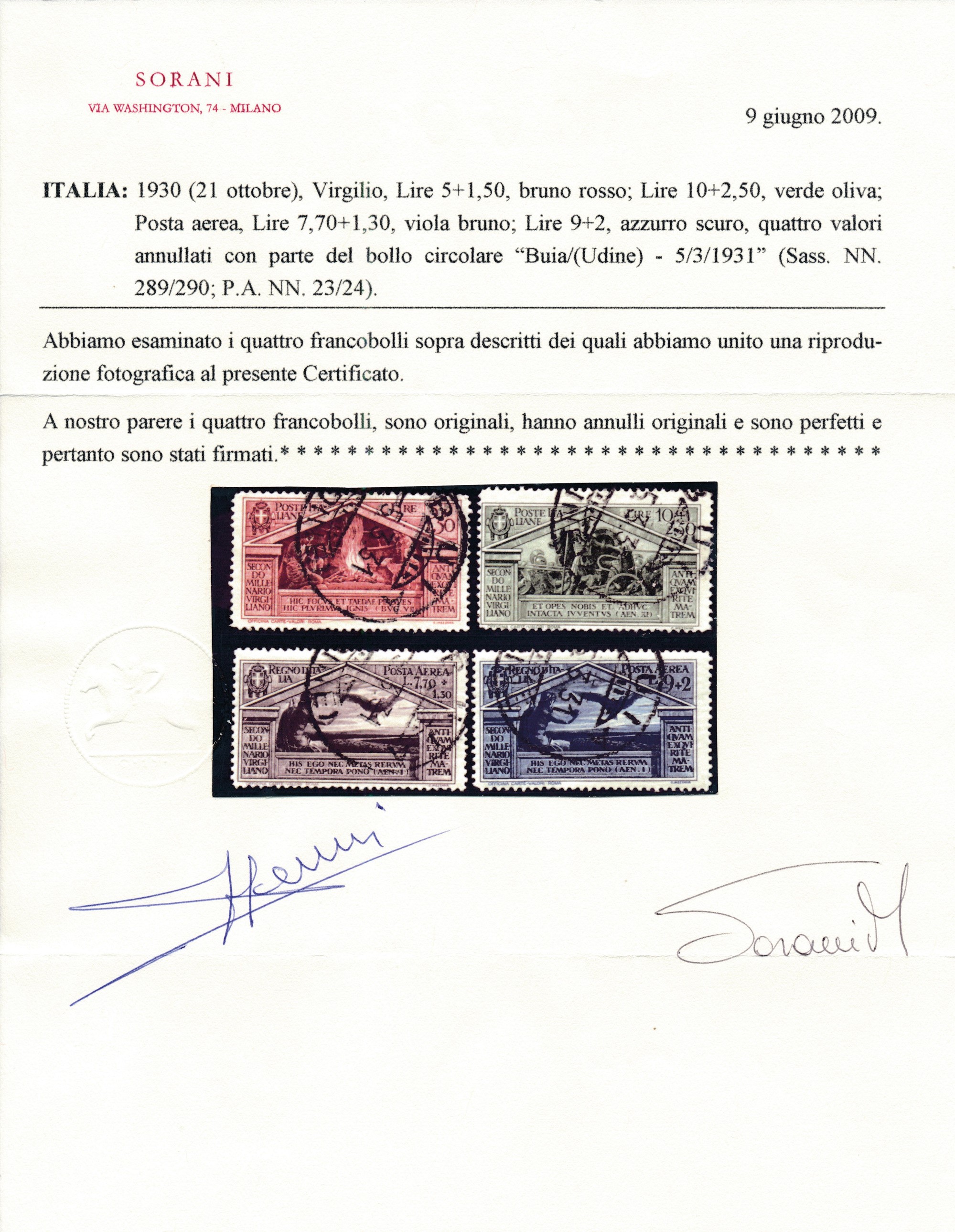 1930 – Regno D’italia – “bimillenario della Nascita di Virgilio” – i Quattro Alti Valori Usati (s...