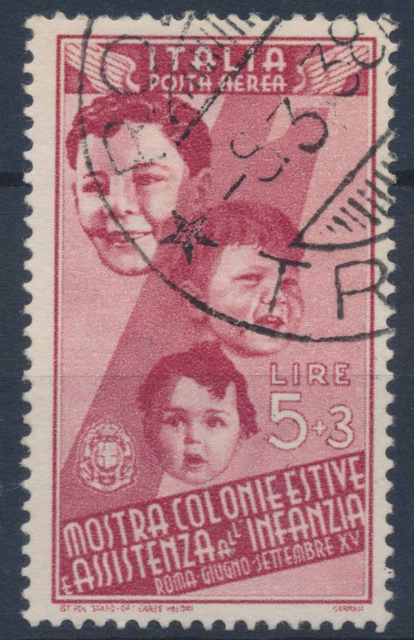 1937 – Regno d’Italia - “Mostra delle Colonie Estive e Assistenza all’infanzia” – Posta aerea - 5 lire + 3 lire carminio (Sass. A105).