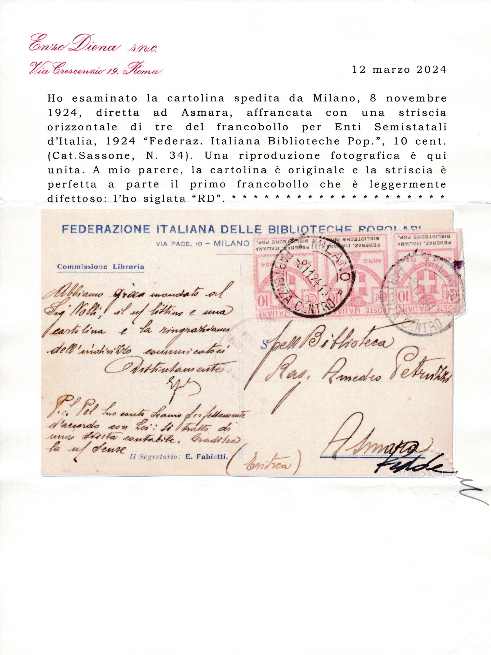 1924 – Regno D’italia – Enti Parastatali – Cartolina da Milano Ad Asmara (eritrea) Affrancata con...