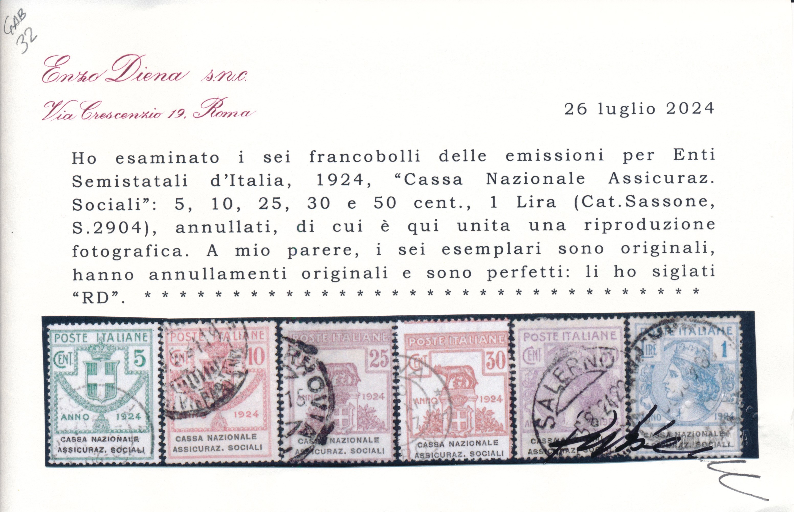 1924 – Regno D’italia – Enti Parastatali – “cassa Nazionale Assicuraz. Sociali” Serie Completa Us...