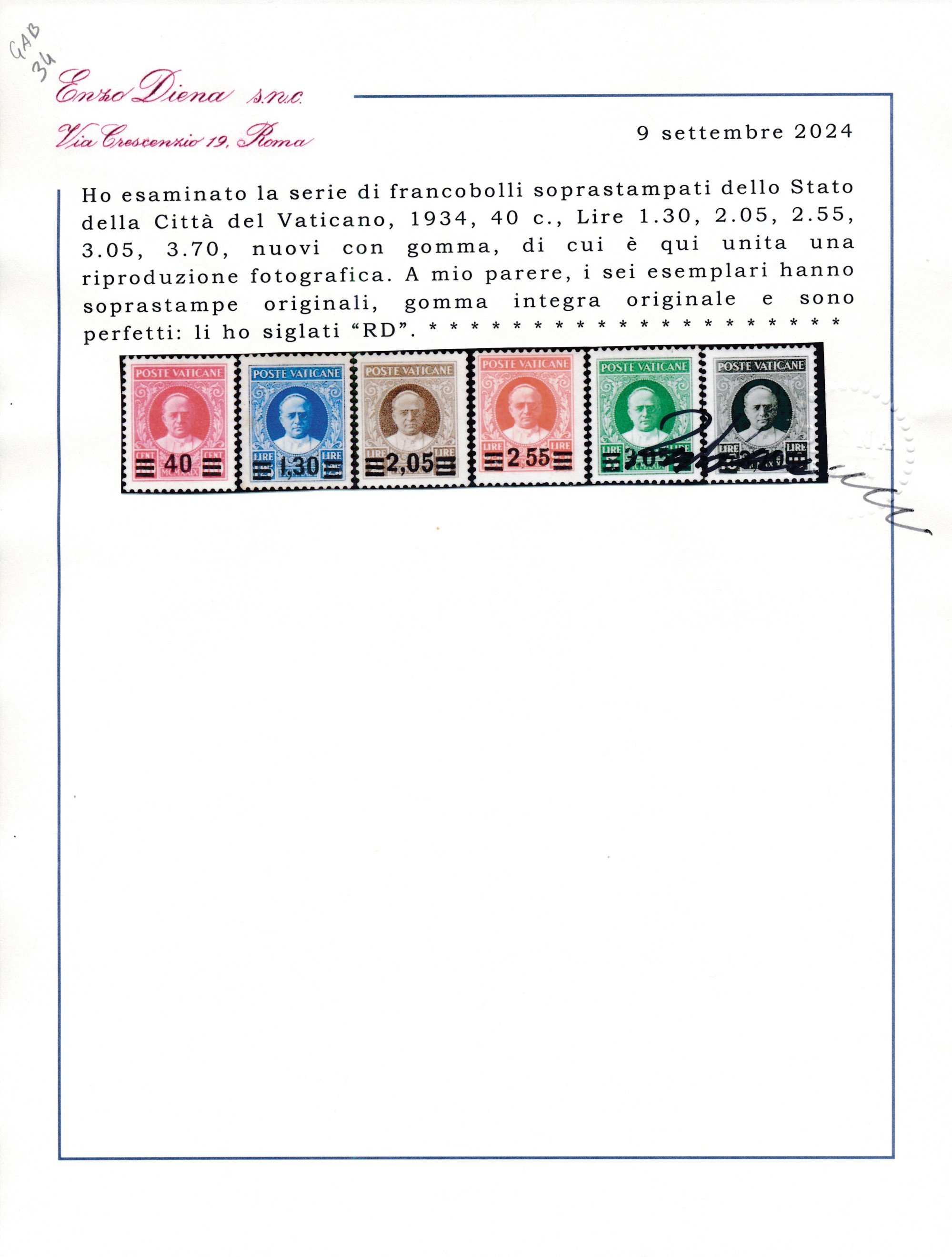 1934 – Città del Vaticano – Serie “provvisoria” Nuova (sass. S.7)