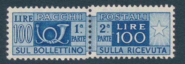 1946 – Repubblica italiana – Pacchi postali - 100 lire azzurro, filigrana ruota, varietà salto di dentellatura (Sass. 77).