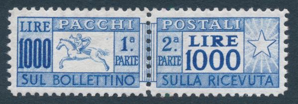 1955 - Repubblica italiana – Pacchi postali – 1.000 lire azzurro oltremare “Cavallino”, filigrana ruota II CS, dent. L 13¼  (Sass. 81/I).