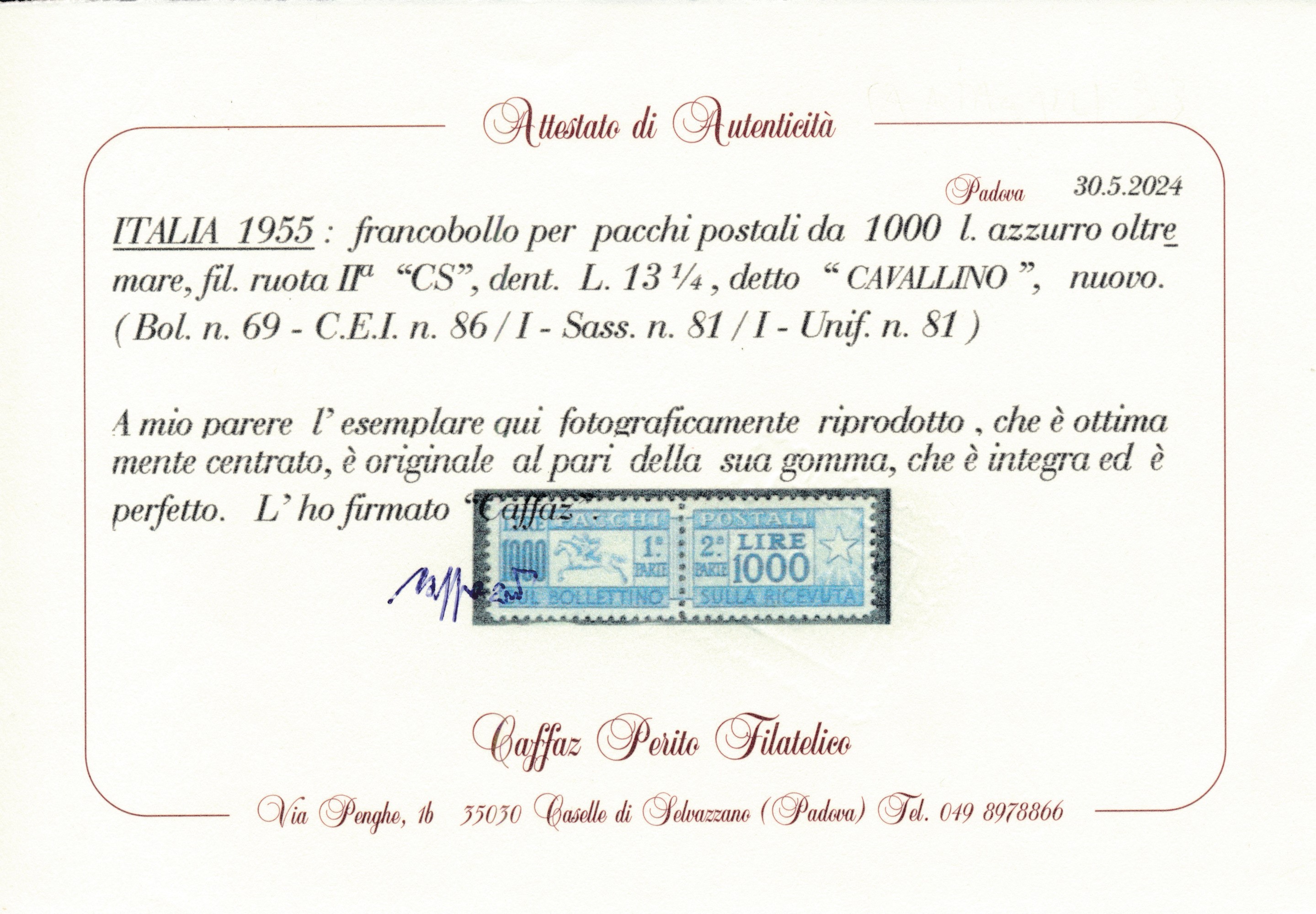 1955 - Repubblica Italiana – Pacchi Postali – 1.000 Lire Azzurro Oltremare “cavallino”, Filigrana...