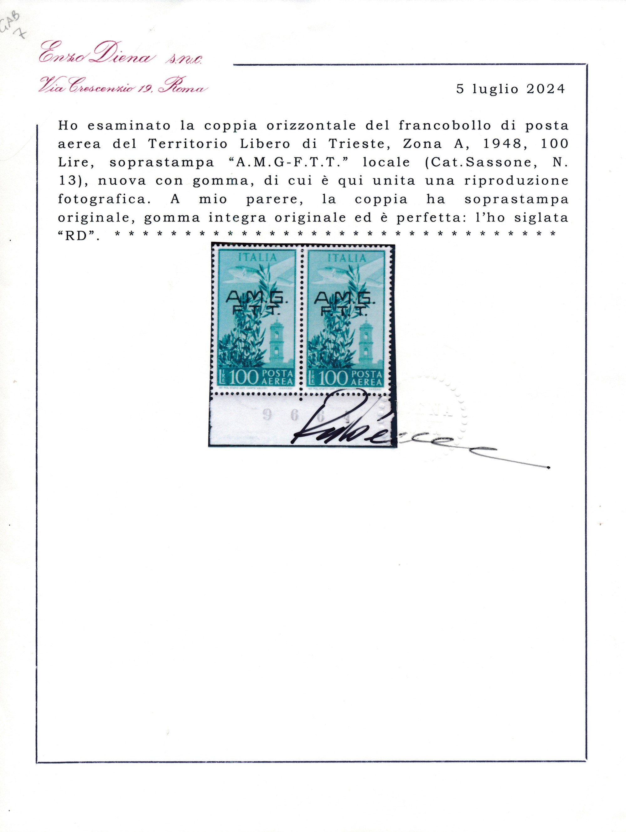 1948 – Territorio Libero di Trieste – Zona a – Posta Aerea - 100 Lire Verde Azzurro, Coppia Orizz...