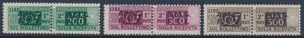 1947-48 - Territorio libero di Trieste – Zona A – Pacchi postali – Francobolli per pacchi postali soprastampati, i tre alti valori (Sass. 10, 11, 12).