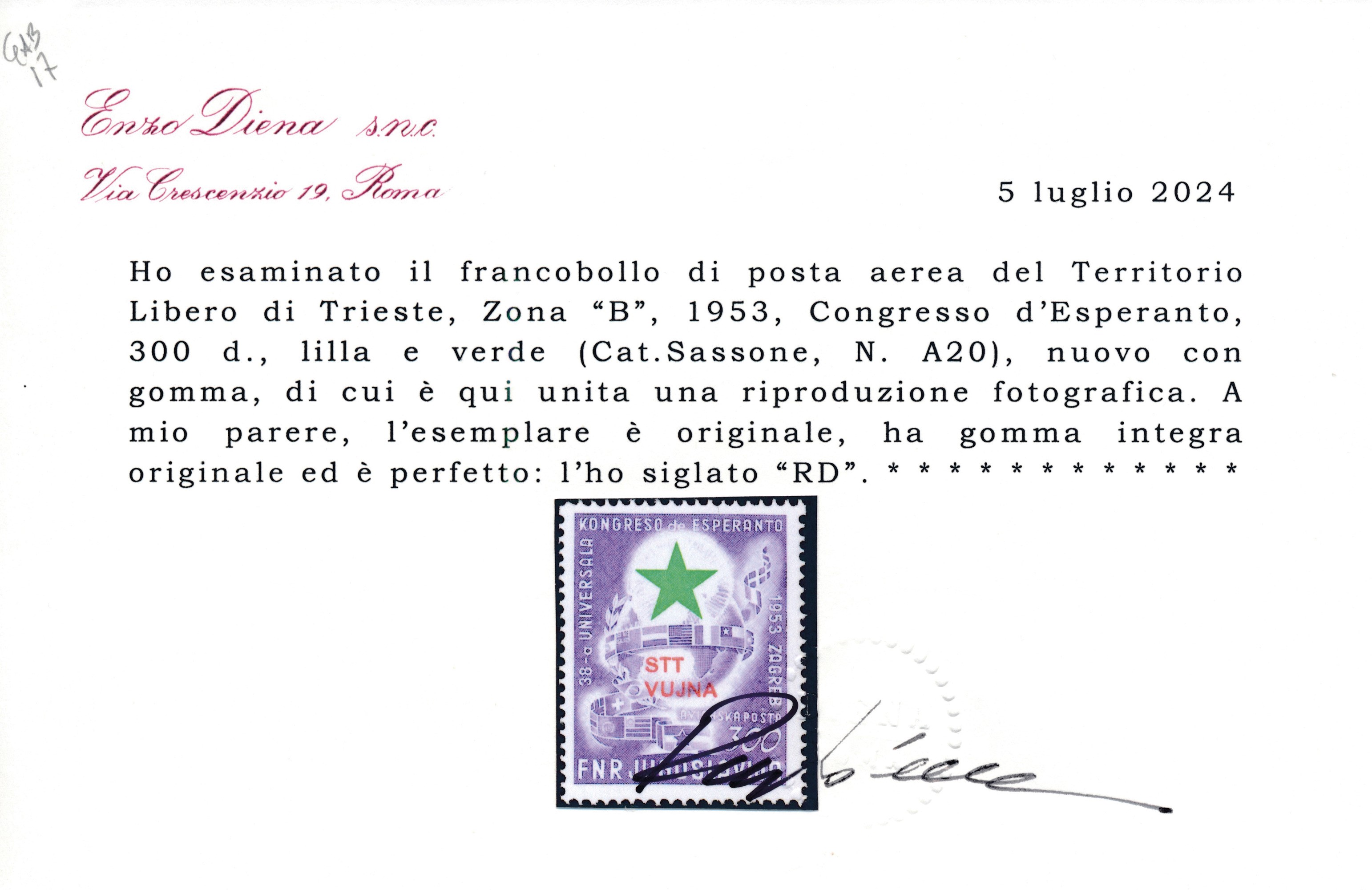 1953 - Territorio Libero di Trieste – Zona B – Posta Aerea – “congresso Esperanto”, 300 D. Violet...