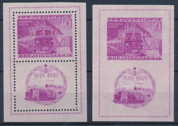 1948 - Territorio libero di Trieste – Zona B – Foglietti - “Centenario delle ferrovie jugoslave”, 10 d. lilla rosa, foglietto dentellato e non dentellato (Sass. 1, 2).