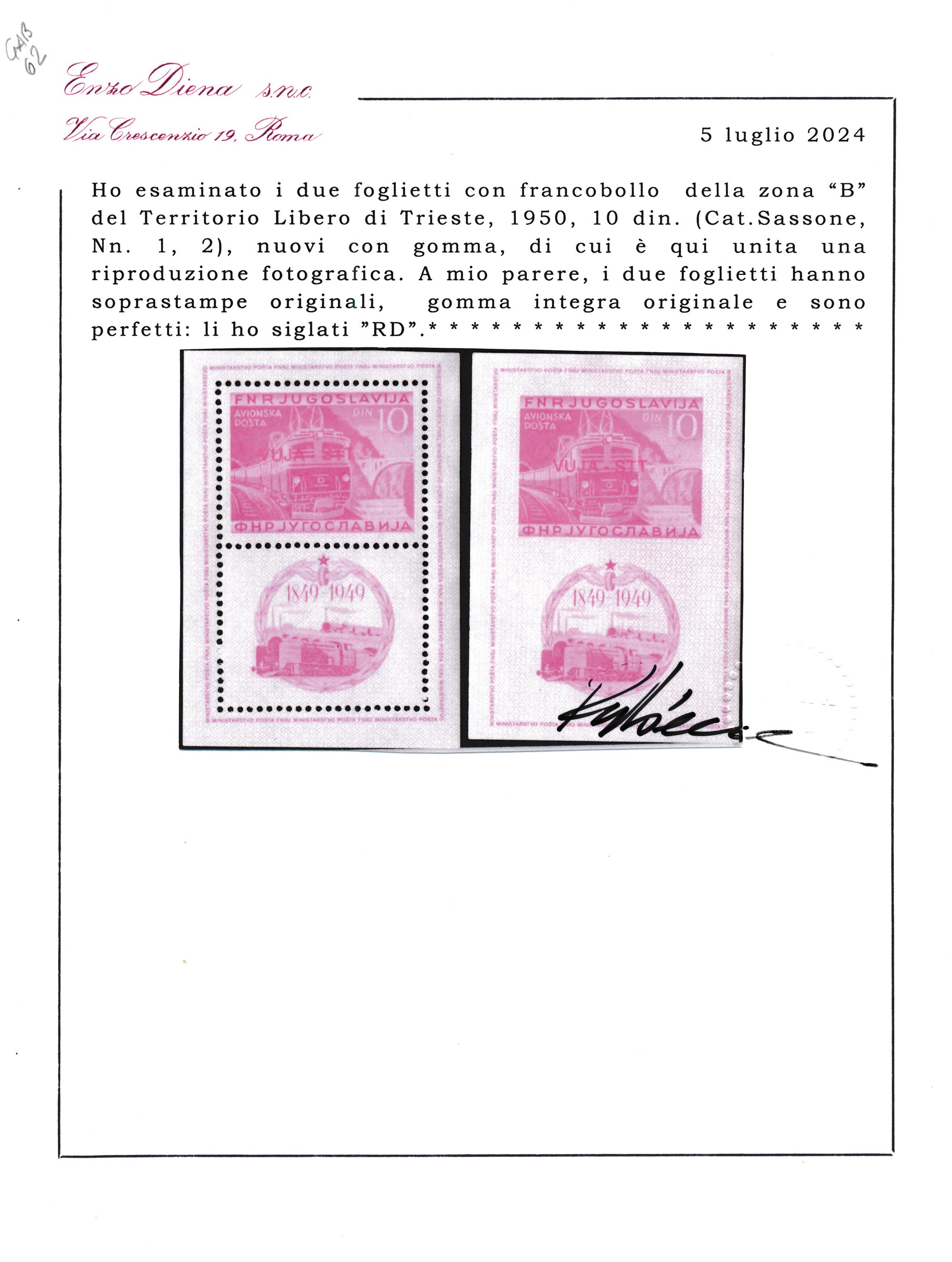 1948 - Territorio Libero di Trieste – Zona B – Foglietti - “centenario delle Ferrovie Jugoslave”,...
