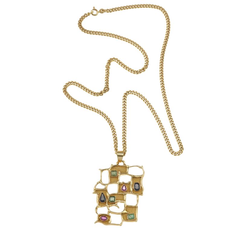 Long gold chain and pendant with gem-set  - Auction Jewels - Cambi Casa d'Aste