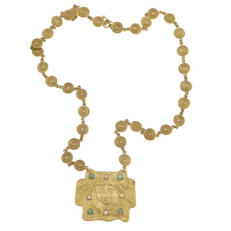 Collana con pendente inciso, turchesi e piccoli opali  - Asta Gioielli - Cambi Casa d'Aste