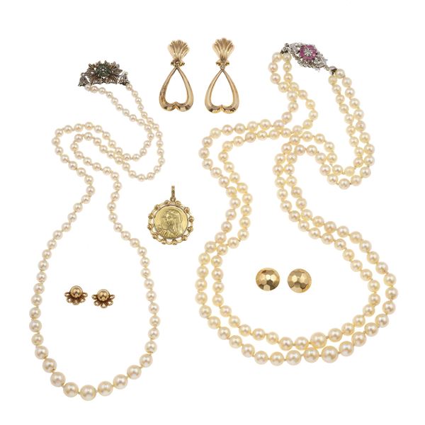 Group of gold and cultured pearl jewels