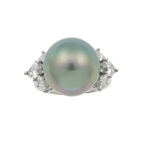 Cultured grey pearl, diamond and platinum ring. Signed Pederzani