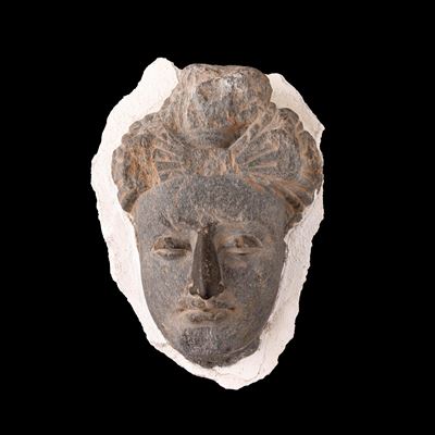 Testa di Divinità Scolpita in Pietra, Gandhara, IV Secolo