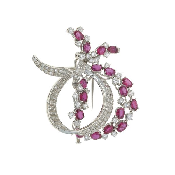 Diamond, ruby and gold brooch