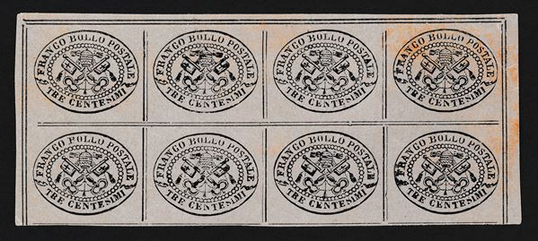 1867 - Stato Pontificio - II emissione  - Stemma pontificio, tiara e chiavi e dicitura FRANCO BOLLO POSTALE e valore in centesimi - 3c. grigio rosa (Sass. 14).