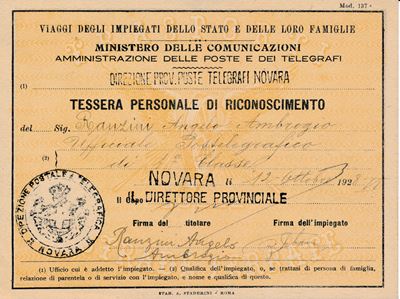 1928 - Tessera Ferroviaria di Riconoscimento del 12 Ottobre