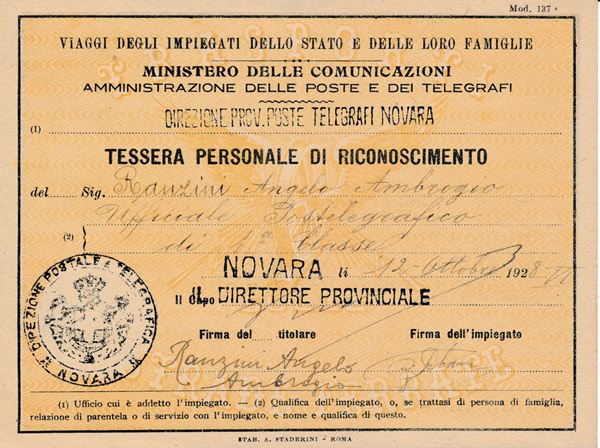 1928 - Tessera Ferroviaria di Riconoscimento del 12 ottobre