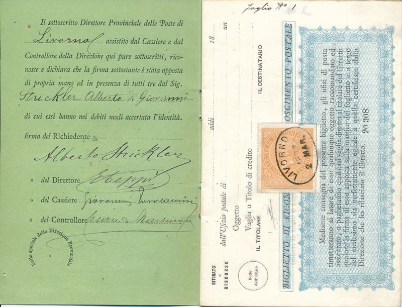 1874 - Regno d’Italia - Ricognizione postale - Libretto completo di 10 pagine con annullo di LIVORNO 2 marzo 1887.  - Auction Philately and Postal History - Cambi Casa d'Aste
