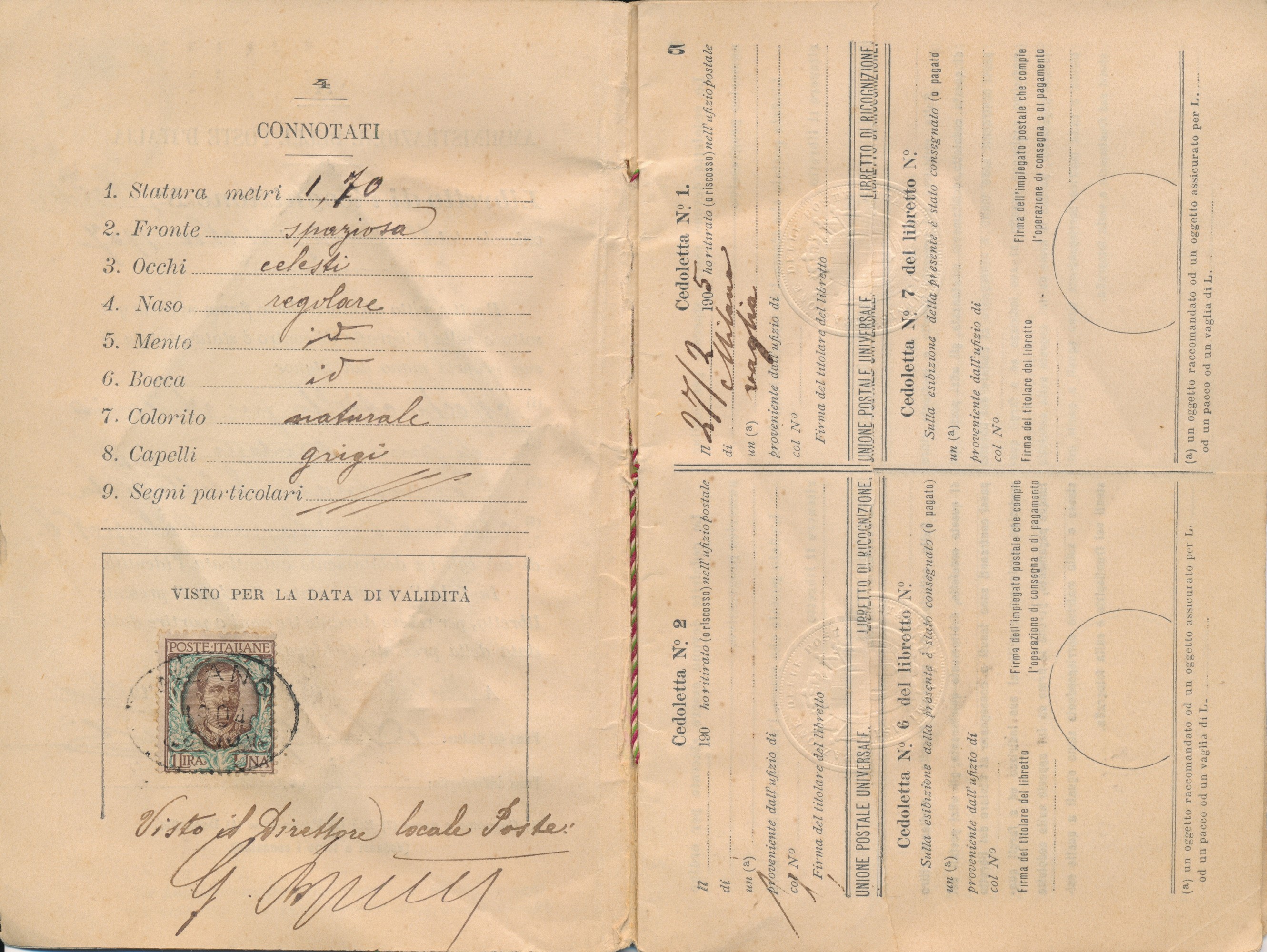 1904 - Regno D’italia - Libretto di Ricognizione per L’estero Emesso a Milano il 22 Novembre con ...
