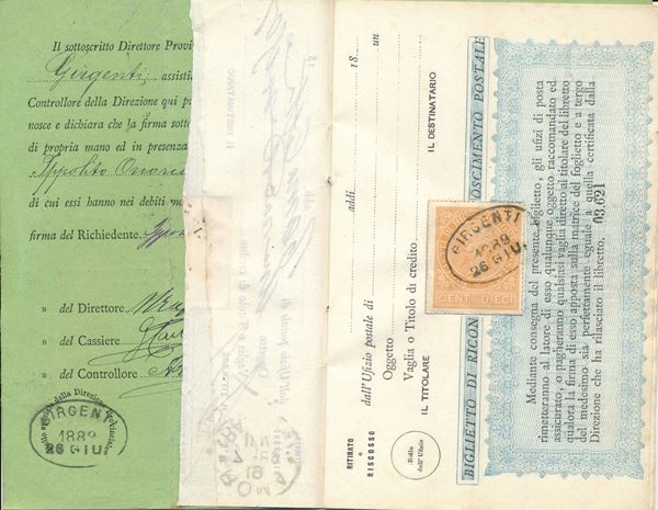 1874 - Regno d’Italia - Ricognizione postale - Libretto completo di 8 pagine con annullo di GIRGENTI 26 giugno 1888.