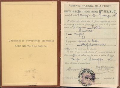 1912 - Regno D’italia - Libretto di Riconoscimento Postale per L’interno 8 Maggio con 50c. Violet...