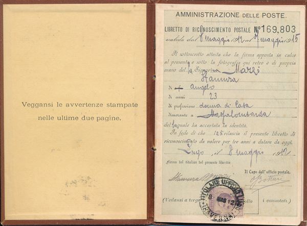 1912 - Regno d’Italia - Libretto di Riconoscimento postale per l’interno 8 maggio con 50c. violetto “Michetti”.
