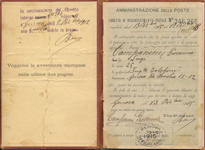 1915 - Regno D’italia - Libretto di Riconoscimento Postale per L’interno 13 Dicembre Senza Franco...
