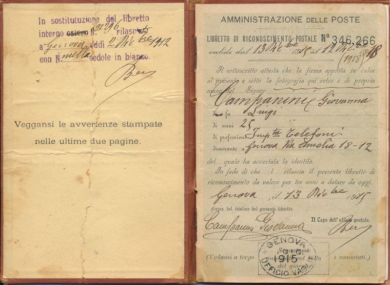 1915 - Regno d’Italia - Libretto di Riconoscimento postale per l’interno 13 dicembre senza francobolli.  - Auction Philately and Postal History - Cambi Casa d'Aste
