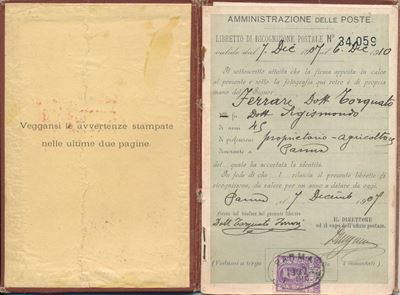 1907 - Regno D'italia - Libretto di Ricognizione Postale per L’interno 7 Dicembre con 50c. Violet...