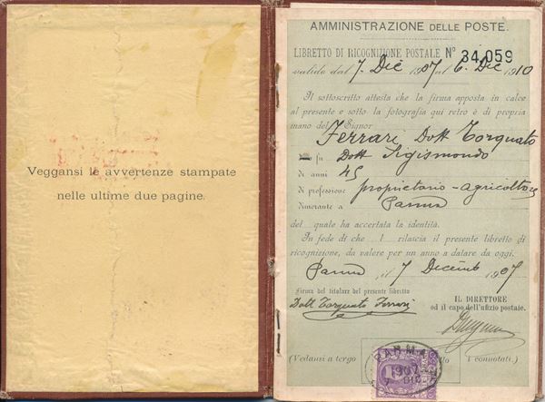 1907 - Regno d'Italia - Libretto di Ricognizione postale per l’interno 7 dicembre con 50c. violetto “Floreale”.