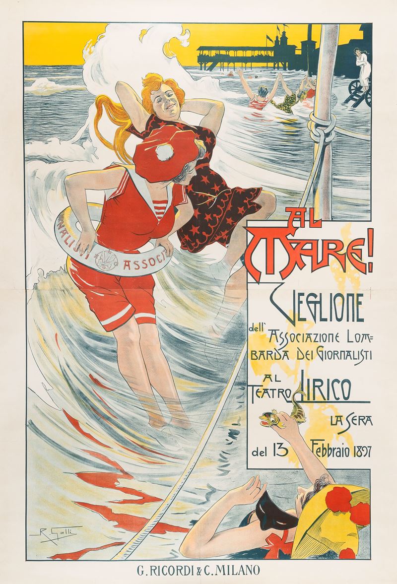 Riccardo Galli : Al Mare - Veglione dell'Associazione Lombarda dei Giornalisti al Teatro Lirico  - Auction POP Culture and Vintage Posters - Cambi Casa d'Aste