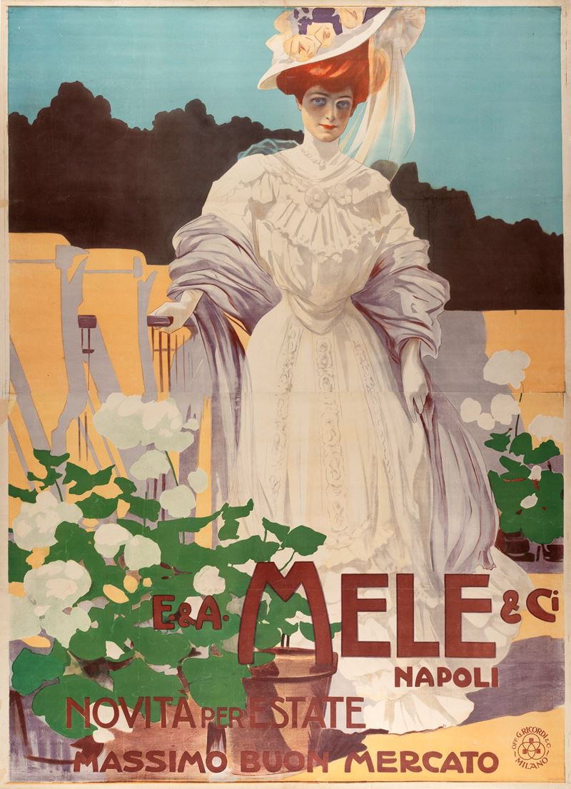 Leopoldo Metlicovitz : E. & A. Mele Napoli - Novità per Estate  - Asta POP Culture e Manifesti d'Epoca - Cambi Casa d'Aste