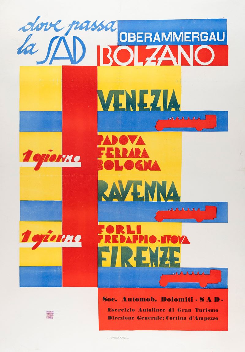 Franz Lenhart : Società Automobili Dolomiti -  SAD Bolzano  - Asta POP Culture e Manifesti d'Epoca - Cambi Casa d'Aste