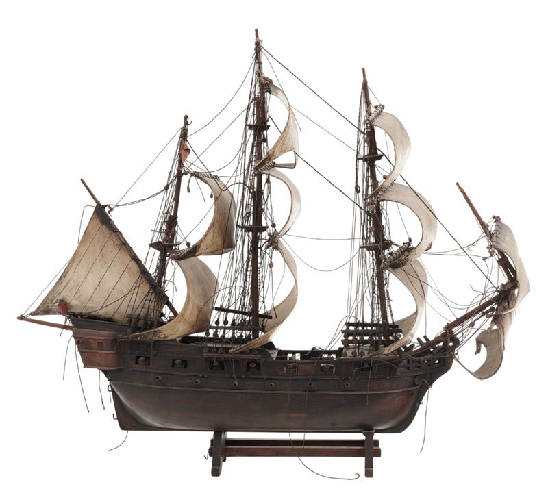 Modellino di caravella in legni e latta. XX secolo  - Asta Antiquariato - Cambi Casa d'Aste