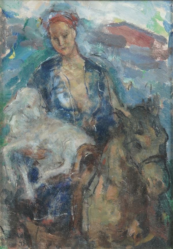 Sergej Makò (1885-1953) Figura femminile a cavallo con pecora, 1948
