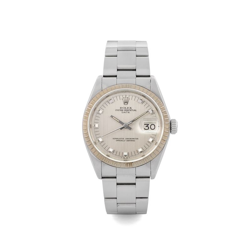Rolex : Oyster Perpetual Date ref 1505 in steel, silvered dial, trapezoidal hour markers, automatic, circa 1971  - Auction Watches - Cambi Casa d'Aste
