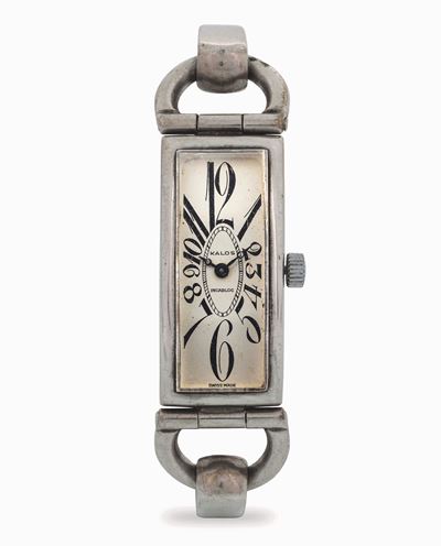 Orologio Curvex in argento 800 con bracciale integrato, quadrante bianco, circa 1950
