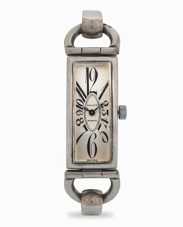 Curvex in argento 800 con bracciale integrato, quadrante bianco numeri esplosi, circa 1950