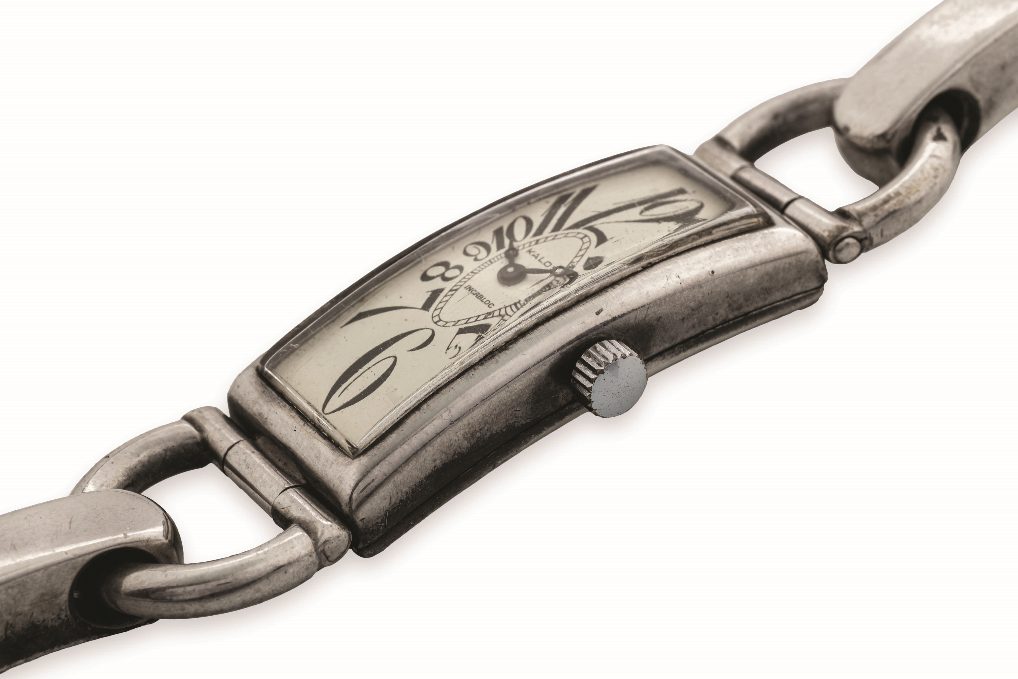 Kalos - Orologio Curvex in argento 800 con bracciale integrato, quadrante bianco, circa 1950