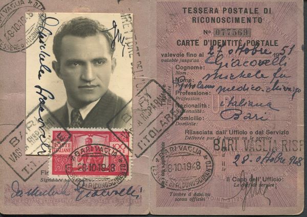 1948 - Repubblica italiana - Tessera postale di riconoscimento affrancata con 100 lire carminio scuro“Democratica”.